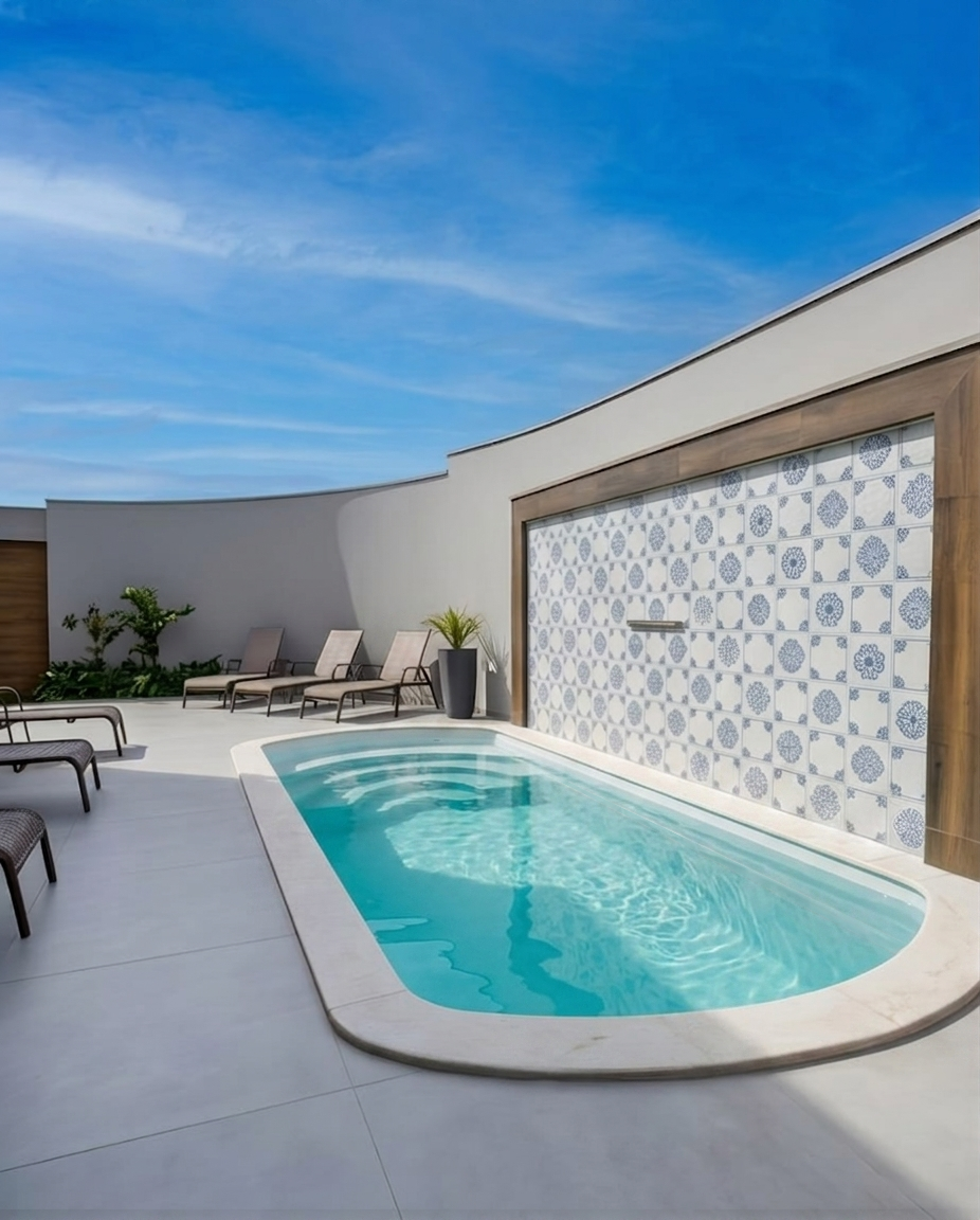 Piscina compacta com parede decorativa ao fundo